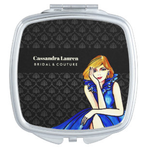Bridal Dark Royal Blue Cocktail Gown Black Damask Compact Mirror