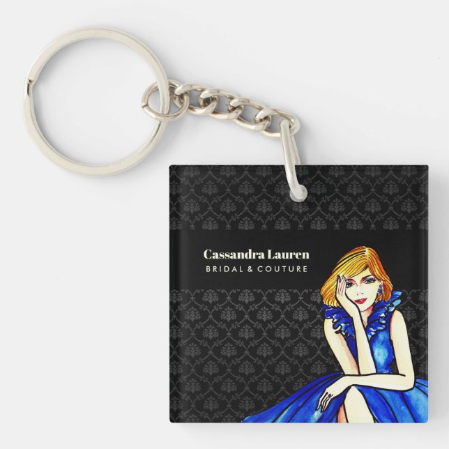 Bridal Dark Royal Blue Cocktail Gown Black Damask Keychain (Front)