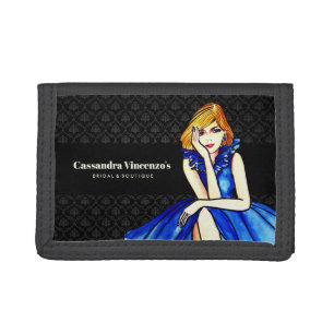 Bridal Dark Royal Blue Cocktail Gown Black Damask Tri-fold Wallet