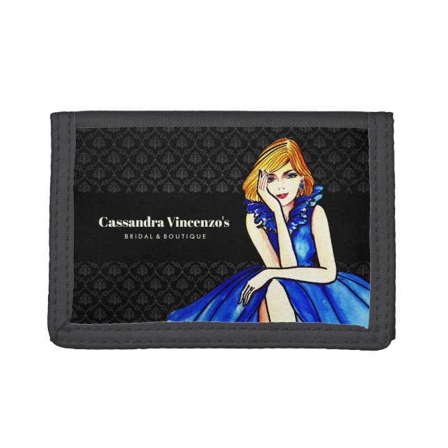 Bridal Dark Royal Blue Cocktail Gown Black Damask Trifold Wallet (Front)