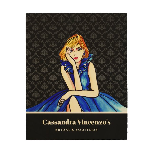 Bridal Dark Royal Blue Cocktail Gown Black Damask Wood Wall Art (Front)