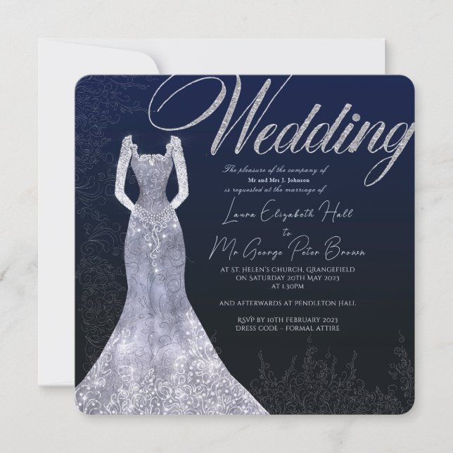 Bridal dress diamond blue wedding invitation (Front)