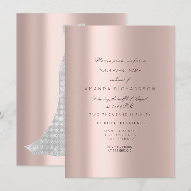 Bridal Dress Spark Rose Pastel Pink Rose Diamond Invitation (Front/Back)