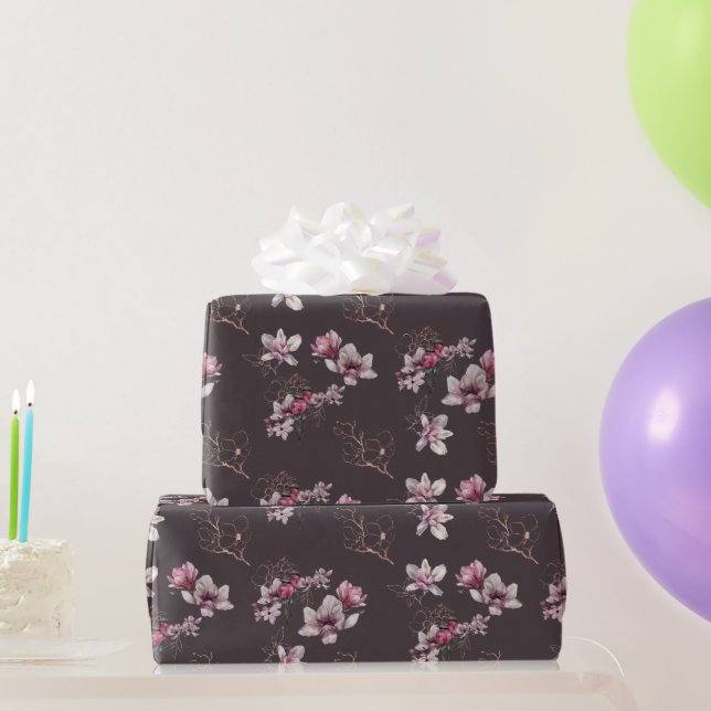 Bridal Dusty Burgundy Watercolor Flowers and Birds Wrapping Paper (Party Gifts)