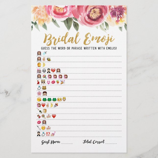 Bridal emoji game with Answers Bridal shower game (Front)