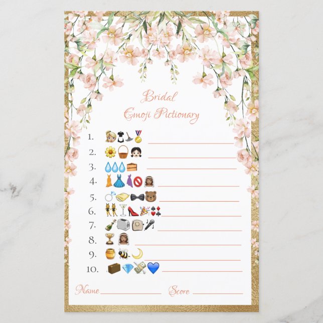 Bridal Emoji Pictionary Caucasian Game Paper Sheet (Front)