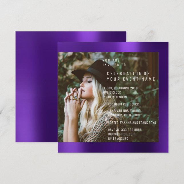 Bridal Foto Graduation Party Purple Plum Metallic Invitation (Front/Back)