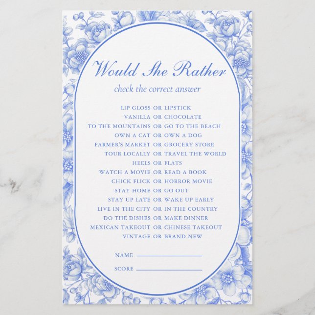 Bridal Game Would She Rather Something Blue  (Front)