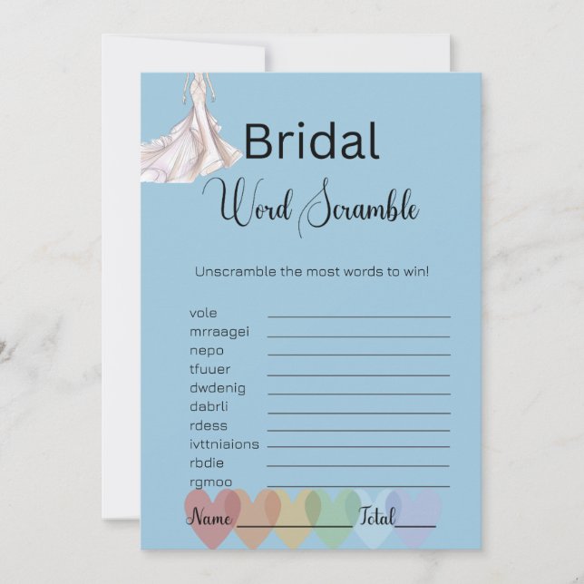Bridal Gown Bridal Blue Word Scramble Game Invitation (Front)