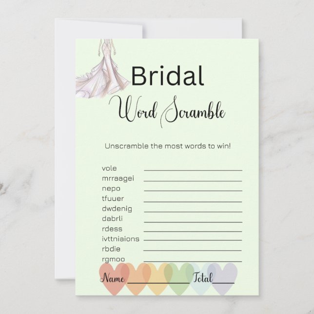 Bridal Gown Bridal Green Word Scramble Game Invitation (Front)
