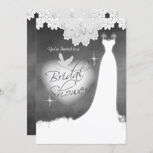 Bridal Gown on Chalkboard with Lace  White Dove Invitation