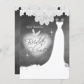 Bridal Gown On Chalkboard With Lace & White Dove Invitation by DesignsbyDonnaSiggy at Zazzle