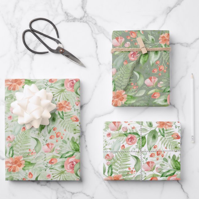 Bridal Green and Pink Tropical Flowers and Ferns Wrapping Paper Sheets (Front)
