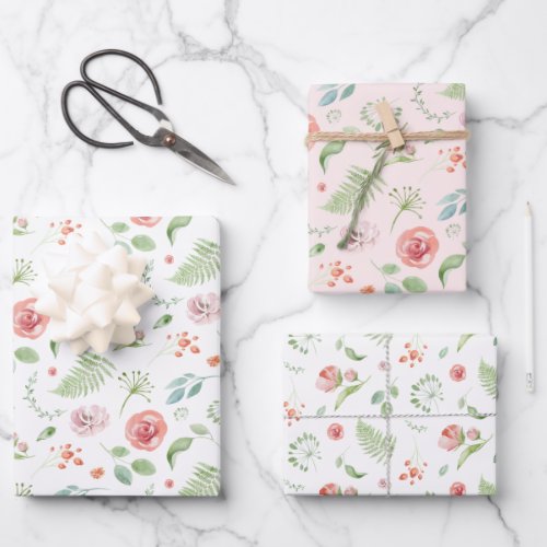 Bridal Green and Pink Tropical Leaves and Flowers Wrapping Paper Sheets