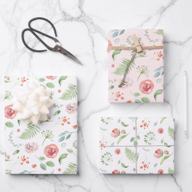 Bridal Green and Pink Tropical Leaves and Flowers Wrapping Paper Sheets (Front)