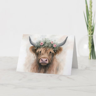 Bridal Highland Cow Wearing a Floral Crown Card