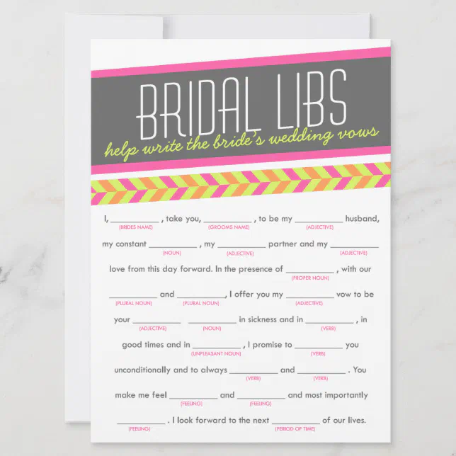 Bridal Libs Bachelorette Party Game Card (neon) | Zazzle
