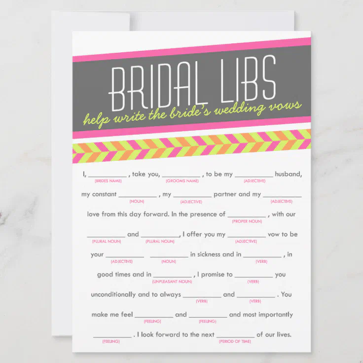 Bridal Libs Bachelorette Party Game Card (neon) | Zazzle