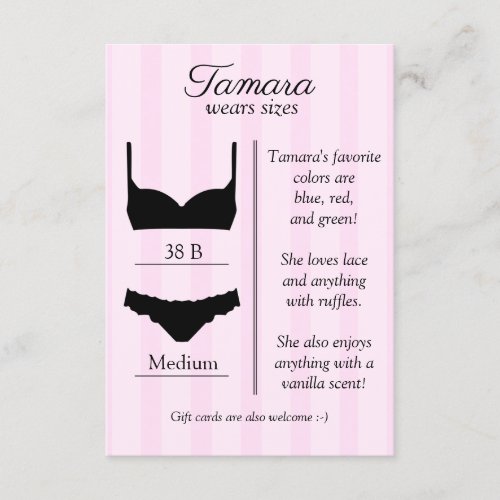 Bridal Lingerie Size Insert Card