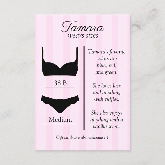 Bridal Lingerie Size Insert Card (Front)