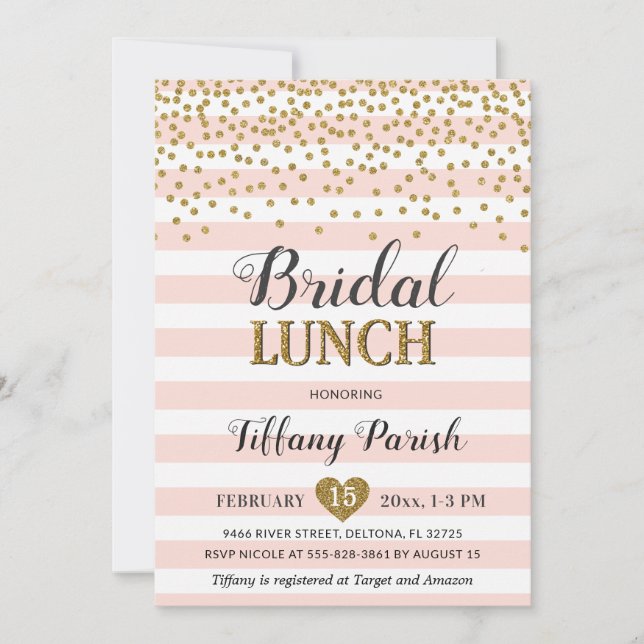 Bridal Lunch Invitations Blush Pink Gold Stripes (Front)