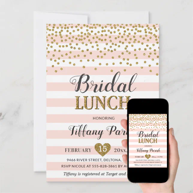 Bridal Lunch Invitations Blush Pink Gold Stripes Zazzle