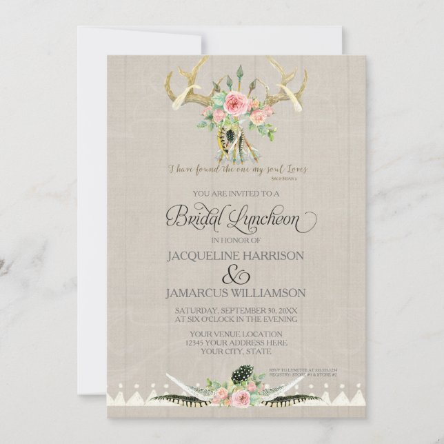 Bridal Luncheon BOHO Feather Deer Antler Roses Art Invitation (Front)