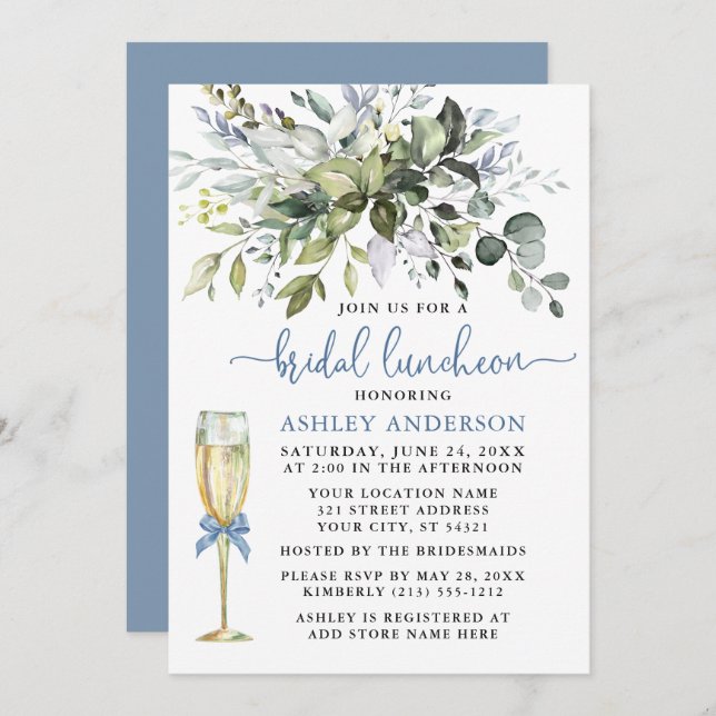 Bridal Luncheon Greenery Dusty Blue Glass Invitation (Front/Back)