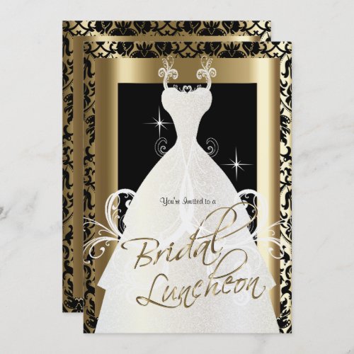 Bridal Luncheon in Black Damask  Metallic Gold Invitation