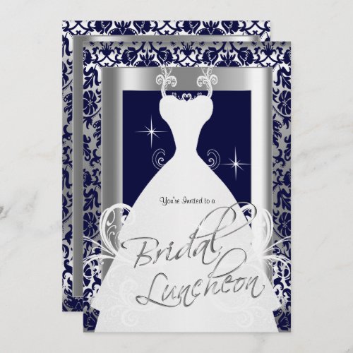 Bridal Luncheon in Navy Blue2 Damask  Silver Invitation