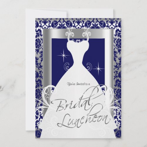 Bridal Luncheon in Navy Blue Damask  Silver Invitation