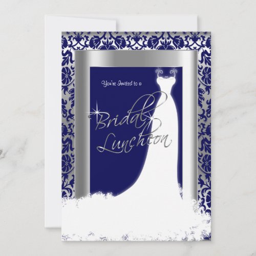 Bridal Luncheon in Navy Blue Damask  Silver Invitation