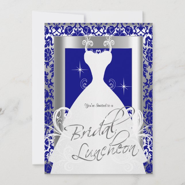 Bridal Luncheon in Royal Blue Damask & Silver Invitation (Front)