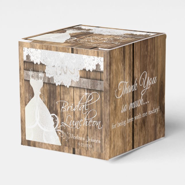 Bridal Luncheon in Rustic Wood and Lace Design Favor Boxes (Front Side)