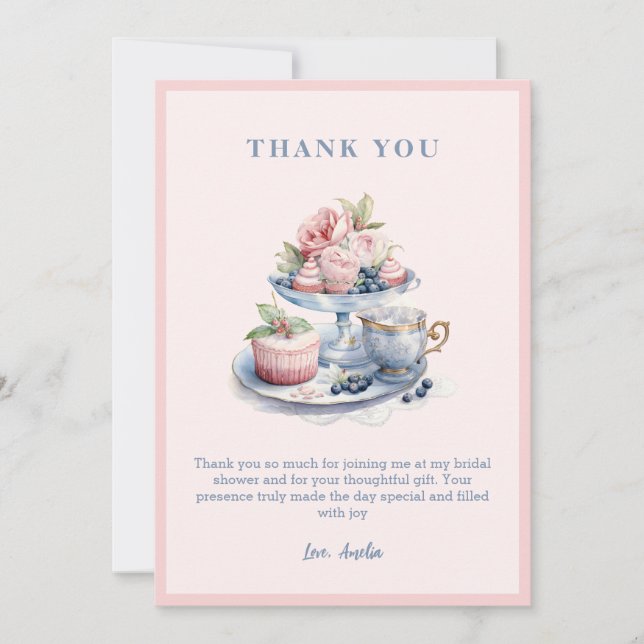 Bridal luncheon tea party bridal shower Pink Thank You Card (Front)