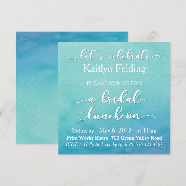 Bridal Luncheon Teal & Blue Watercolor Ombre Invitation (Front/Back)