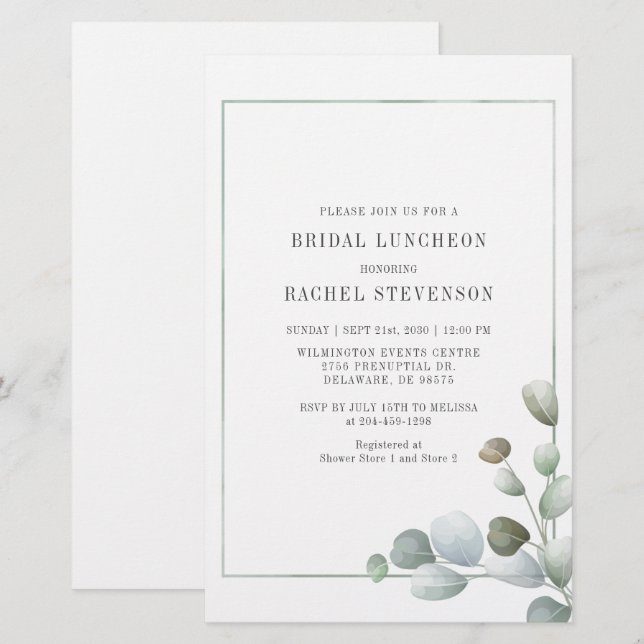 Bridal Luncheon Watercolor Eucalyptus Greenery Stationery (Front/Back)