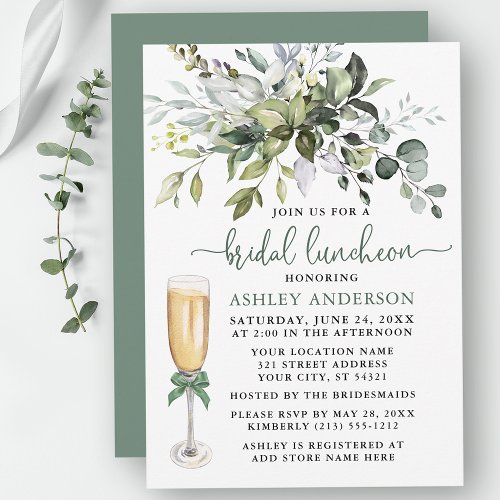 Bridal Luncheon Watercolor Greenery Sage Green Bow Invitation
