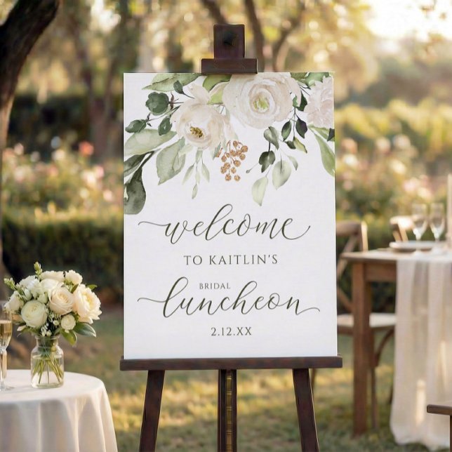 Bridal Luncheon Welcome Sign White Floral Greenery (Bridal shower luncheon welcome sign - white floral watercolor greenery elegant bridal shower sign.)