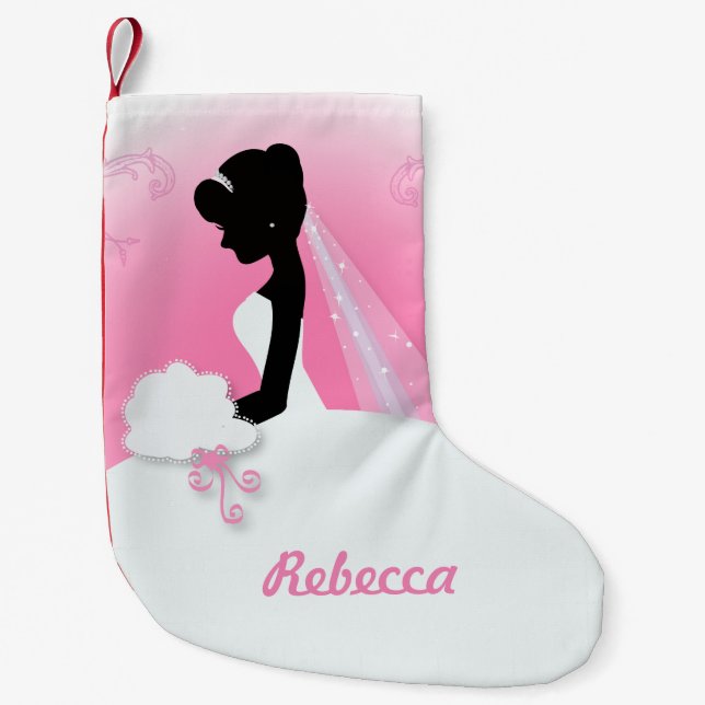 Bridal Mrs Right Pink bride silhouette Small Christmas Stocking (Front)