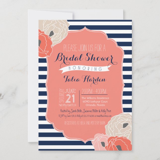 Bridal or Baby Shower Invitaion, Bold Stripe Coral Invitation (Front)