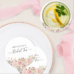 Bridal (or other) Elegant Blush Pink Rose Gold Paper Coaster<br><div class="desc">Elegant coaster with ability to change to message to other events. Beautiful floral detail in blush pink and rose gold hues. Modern hand written calligraphy details. When changing design to a different event, please add our event between the squares in order to keep the decorative tails end. Part of our...</div>