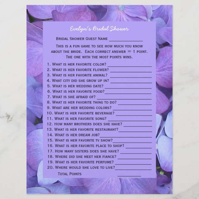 Bridal or Wedding Shower Party Game -- Hydrangeas (Front)