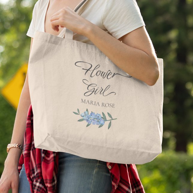 Bridal Party Blue Floral Flower Girl Personalized Large Tote Bag (Creator Uploaded)