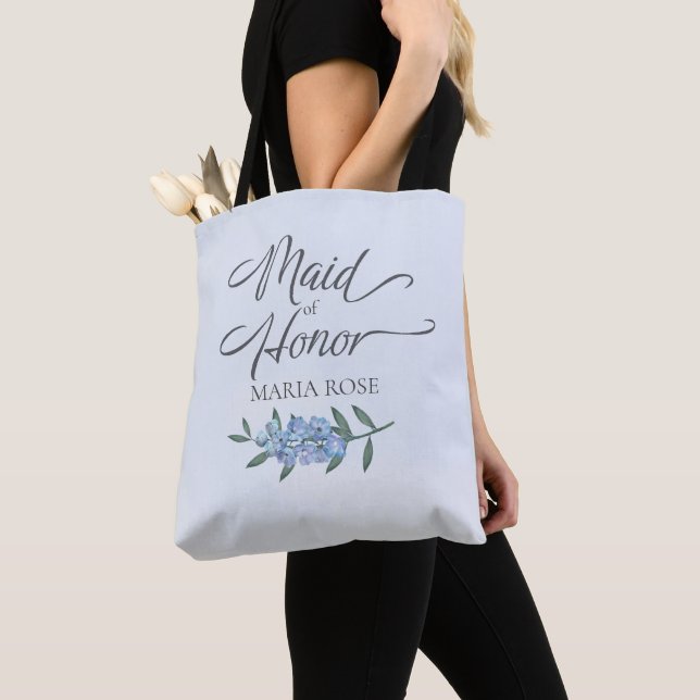 Bridal Party Blue Floral Maid Of Honor Custom Tote Bag (Close Up)