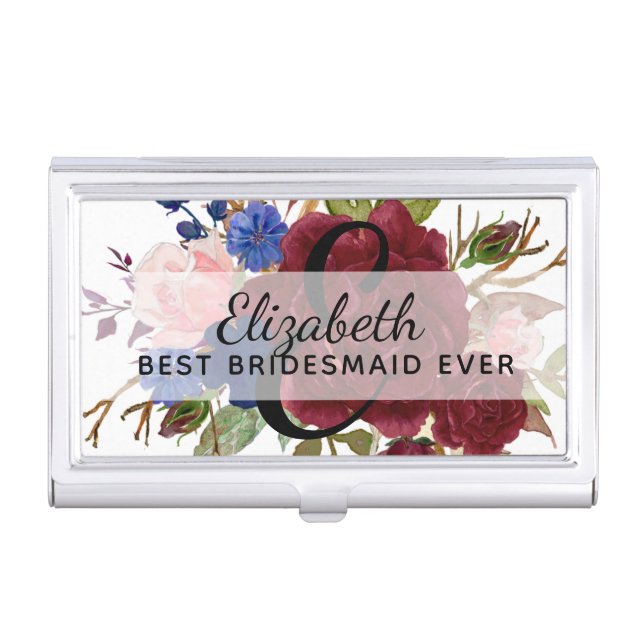 Bridal Party Bridesmaids Gift Burgundy Blue Named Business Card Case (Front)