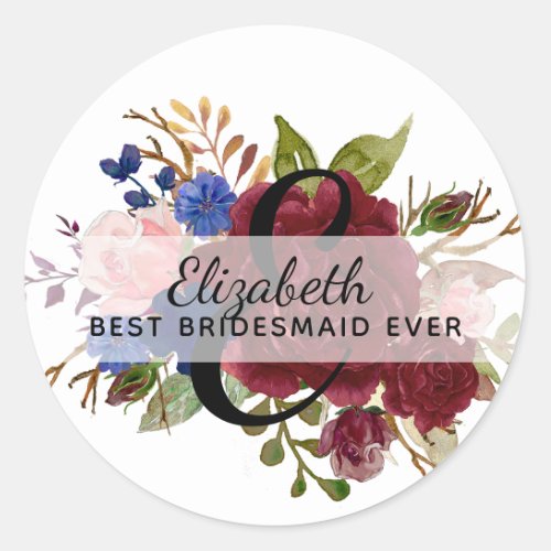 Bridal Party Bridesmaids Gift Burgundy Blue Named Classic Round Sticker