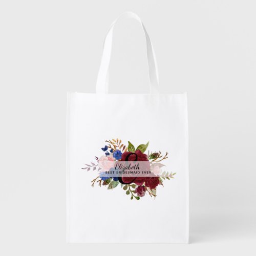 Bridal Party Bridesmaids Gift Burgundy Blue Named Grocery Bag