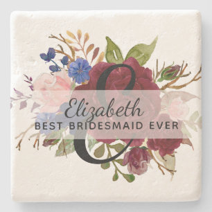 Bridal Party Bridesmaids Gift Burgundy Blue Named Stone Coaster