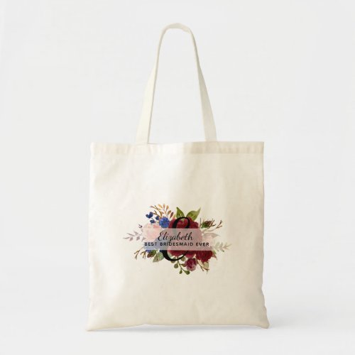 Bridal Party Bridesmaids Gift Burgundy Blue Named Tote Bag